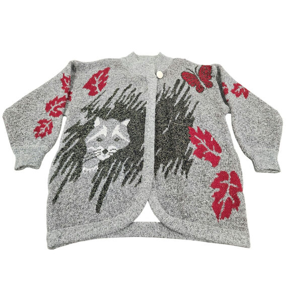Vintage Lily of California Fox Raccoon Animal Sweater Cardigan Wool Blend Size S - Picture 1 of 12